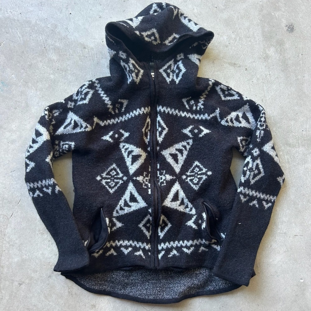 Lauren Ralph Lauren Merino Wool Zip Hoodie Black White Southwestern Sweater S